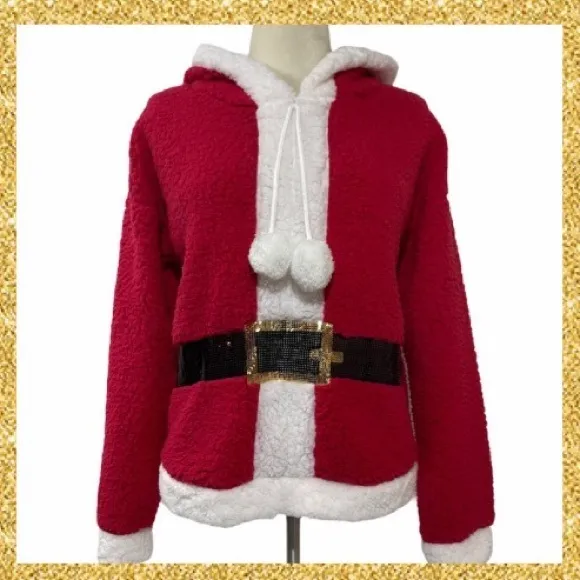 Christmas Sweater Santa Glitter Sherpa Pullover Hoodie Mrs Claus Mrs Santa Claus