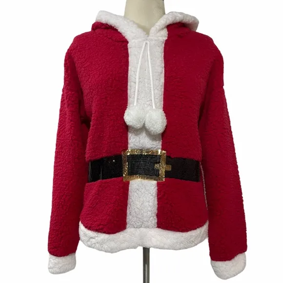 Christmas Sweater Santa Glitter Sherpa Pullover Hoodie Mrs Claus Mrs Santa Claus