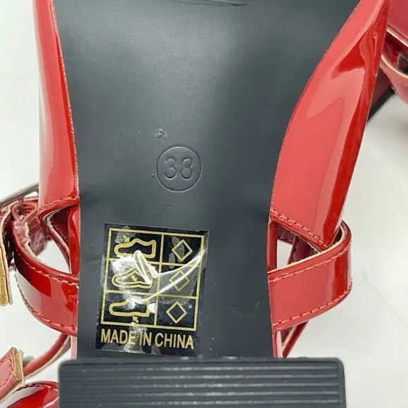 Cider Patent Red Strappy Point Toe Slingback Chunky Heels Size 38 NWOT