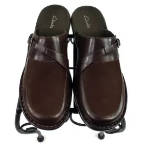 Clarks Brown Suede &amp; Leather Slip On Buckle Mules Womens Size 10