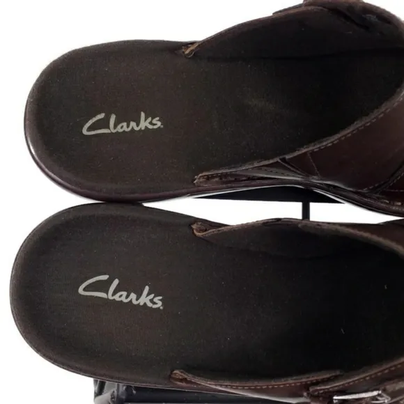 Clarks Brown Suede &amp; Leather Slip On Buckle Mules Womens Size 10