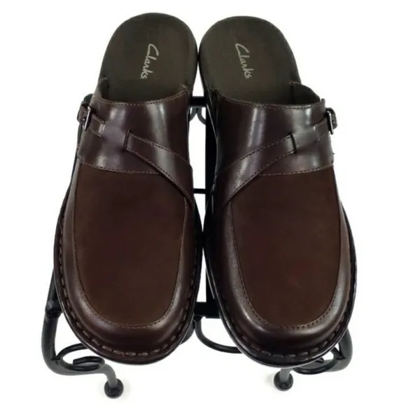 Clarks Brown Suede &amp; Leather Slip On Buckle Mules Womens Size 10