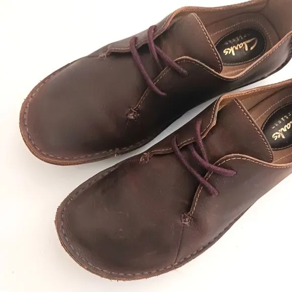 Clarks Janey Mae Chunky Square Toe  Lace Up Oxford Brown Beeswax Leather Sz 6.5