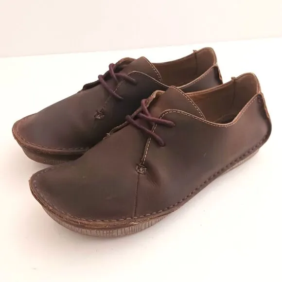 Clarks Janey Mae Chunky Square Toe  Lace Up Oxford Brown Beeswax Leather Sz 6.5
