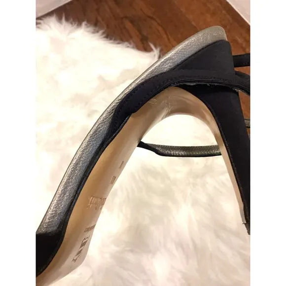 CLAUDIA CIUTI Black Satin Strappy Rhinestone Ankle Wrap Square Toe Y2K Heels 8.5