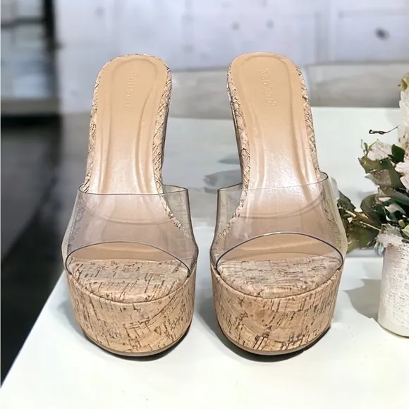 Clear natural cork platform wedge open high heel sandals mules sz 11