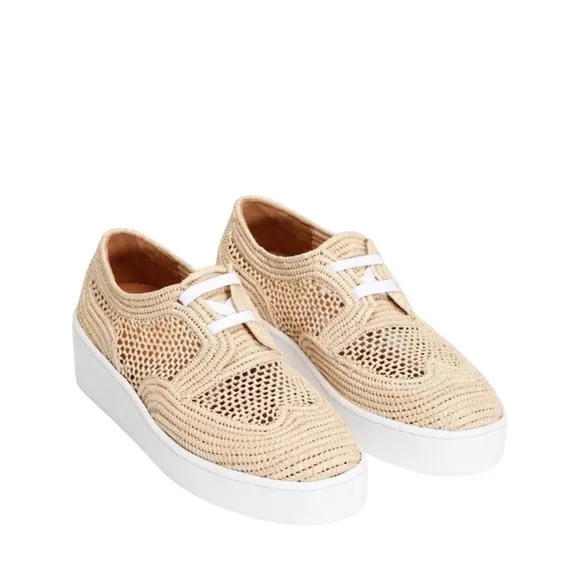 Clergerie Women's Lisa Woven Natural Raffia Wedge Platform Oxfords Shoe Sz. 10.5
