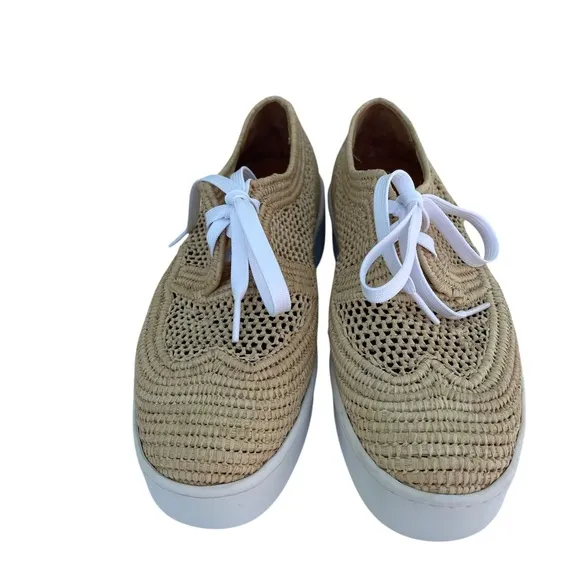 Clergerie Women's Lisa Woven Natural Raffia Wedge Platform Oxfords Shoe Sz. 10.5