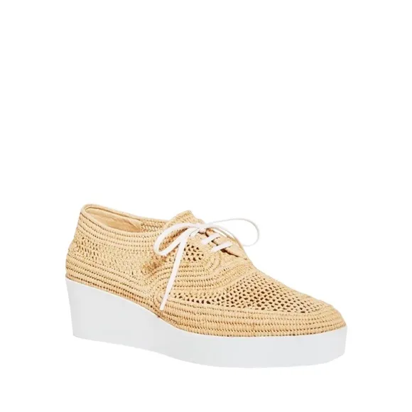 Clergerie Women's Lisa Woven Natural Raffia Wedge Platform Oxfords Shoe Sz. 10.5