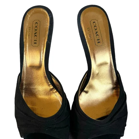 Coach Black Suede Leather Sandal Open Toe Stiletto Heel Mules Made In Italy