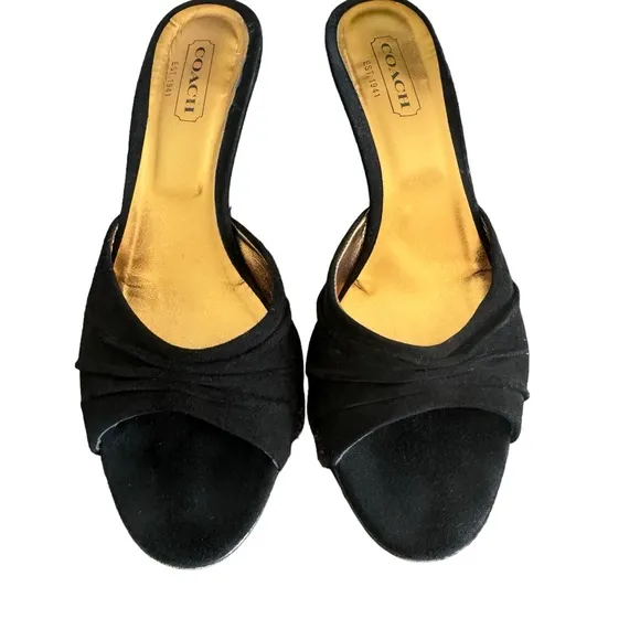 Coach Black Suede Leather Sandal Open Toe Stiletto Heel Mules Made In Italy