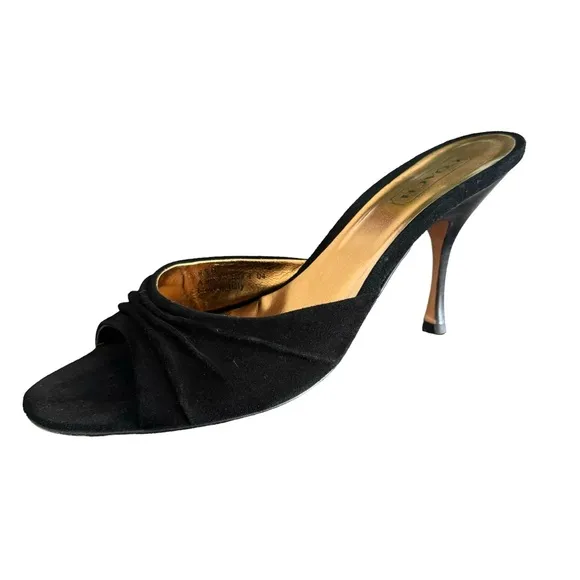 Coach Black Suede Leather Sandal Open Toe Stiletto Heel Mules Made In Italy
