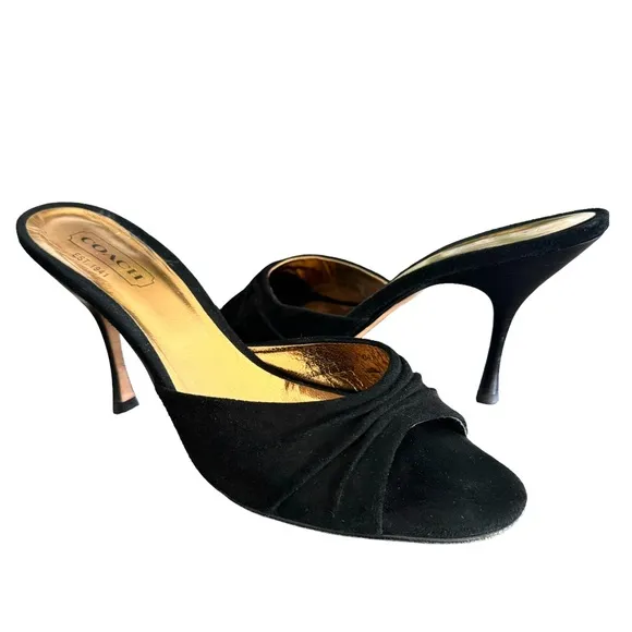Coach Black Suede Leather Sandal Open Toe Stiletto Heel Mules Made In Italy