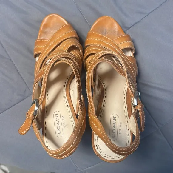 Coach Brynn Leather Tan Sling Back Strappy Heels Size 8
