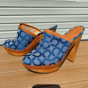 Coach Denim “Bacall” Blue Signature Platform High Heel Clogs