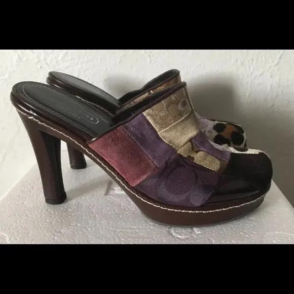 Coach Eva Patchwork Fur Leather Heel Slip On Clog Mules Suede 6B Made In Italy
