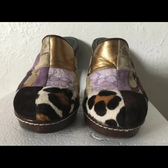Coach Eva Patchwork Fur Leather Heel Slip On Clog Mules Suede 6B Made In Italy