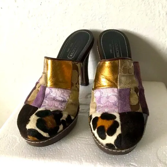 Coach Eva Patchwork Fur Leather Heel Slip On Clog Mules Suede 6B Made In Italy