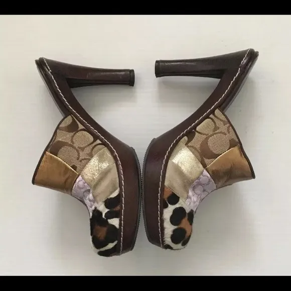 Coach Eva Patchwork Fur Leather Heel Slip On Clog Mules Suede 6B Made In Italy