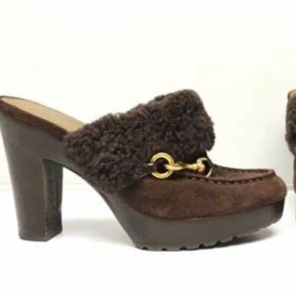 COACH Genuine Shearling leather brown gold hardware IDYLE heels clogs shoes 9