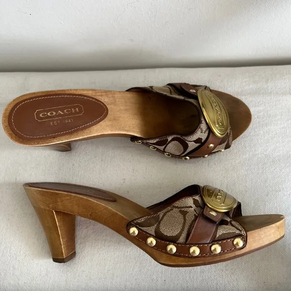 Coach heeled wooden clogs Sandals Size 8.5 Brown Beige