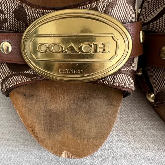 Coach heeled wooden clogs Sandals Size 8.5 Brown Beige