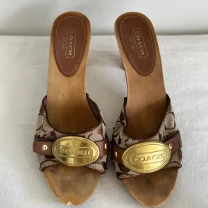 Coach heeled wooden clogs Sandals Size 8.5 Brown Beige