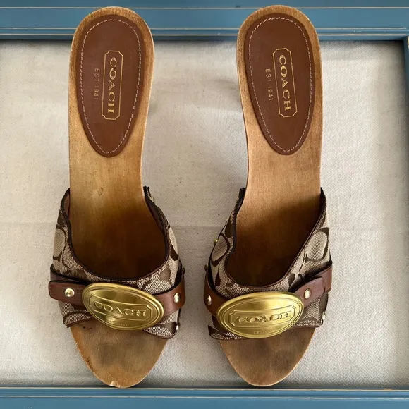 Coach heeled wooden clogs Sandals Size 8.5 Brown Beige