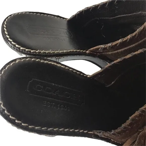 Coach Katryna Brown Suede Fringe Buckle Mules 7B