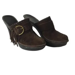 Coach Katryna Brown Suede Fringe Buckle Mules 7B