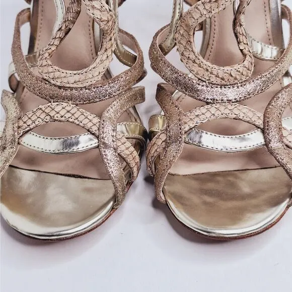 Coach Lancaster Heels 8 Strappy Glitter Cage Stilettos Gold Open Toe Prom Formal