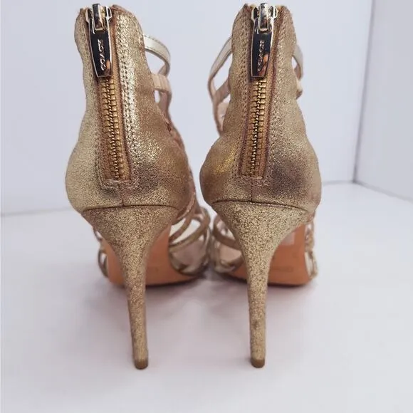 Coach Lancaster Heels 8 Strappy Glitter Cage Stilettos Gold Open Toe Prom Formal