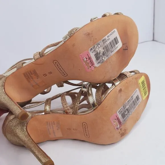 Coach Lancaster Heels 8 Strappy Glitter Cage Stilettos Gold Open Toe Prom Formal