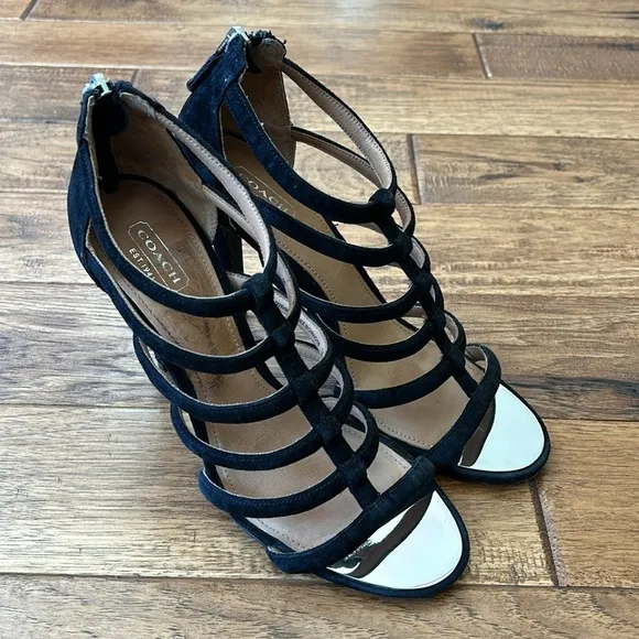 Coach Lavania Strappy Suede Leather Heels Black Women's Size 9