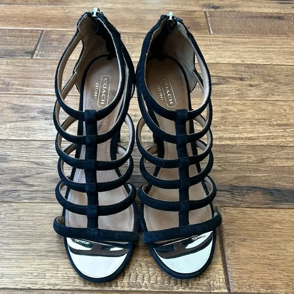 Coach Lavania Strappy Suede Leather Heels Black Women's Size 9