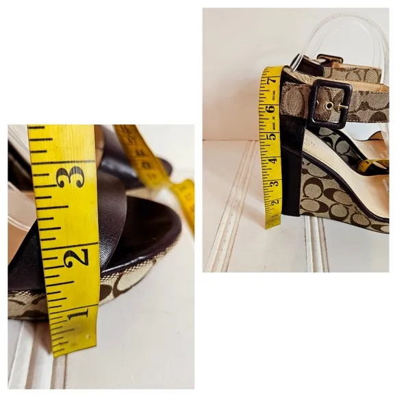 Coach Shoes Womens 8.5 Jerri Brown Wedge Platform C Logo Open Toe Ankle Strap