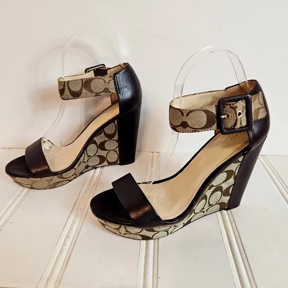 Coach Shoes Womens 8.5 Jerri Brown Wedge Platform C Logo Open Toe Ankle Strap