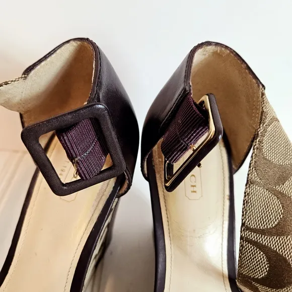 Coach Shoes Womens 8.5 Jerri Brown Wedge Platform C Logo Open Toe Ankle Strap