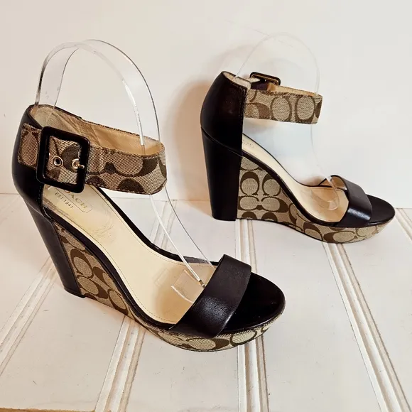 Coach Shoes Womens 8.5 Jerri Brown Wedge Platform C Logo Open Toe Ankle Strap