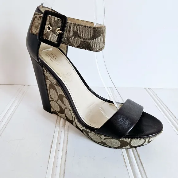 Coach Shoes Womens 8.5 Jerri Brown Wedge Platform C Logo Open Toe Ankle Strap