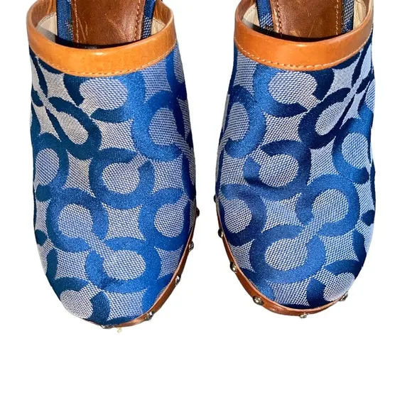 COACH Vintage Bacall Signature Logo Blue Platform Heeled Clogs Mules - 5