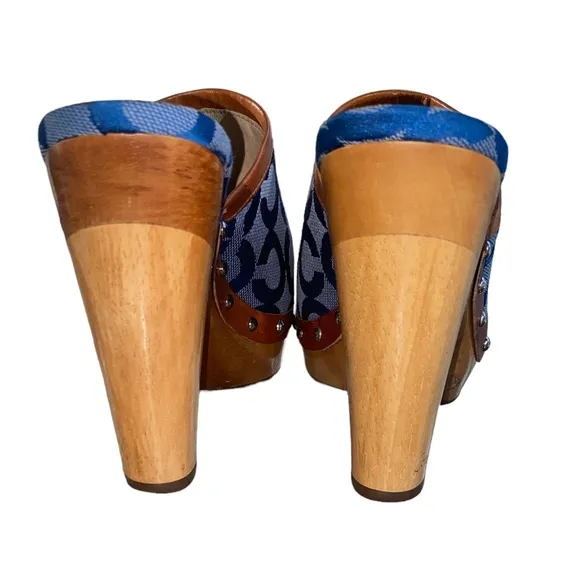 COACH Vintage Bacall Signature Logo Blue Platform Heeled Clogs Mules - 5