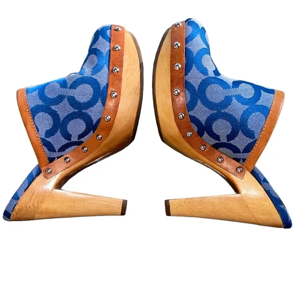 COACH Vintage Bacall Signature Logo Blue Platform Heeled Clogs Mules - 5