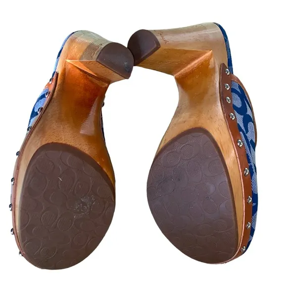 COACH Vintage Bacall Signature Logo Blue Platform Heeled Clogs Mules - 5