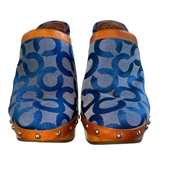 COACH Vintage Bacall Signature Logo Blue Platform Heeled Clogs Mules - 5