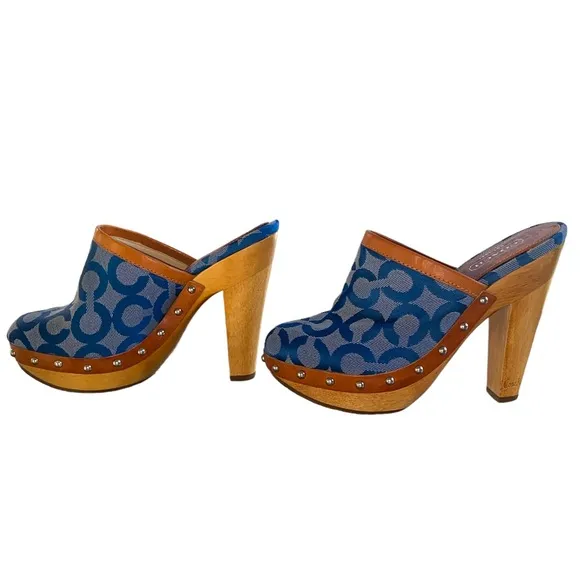 COACH Vintage Bacall Signature Logo Blue Platform Heeled Clogs Mules - 5