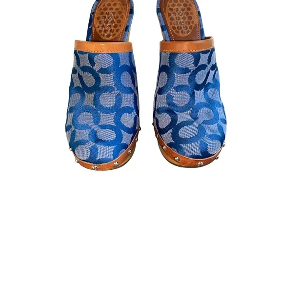 COACH Vintage Bacall Signature Logo Blue Platform Heeled Clogs Mules - 5