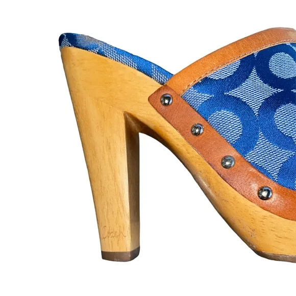 COACH Vintage Bacall Signature Logo Blue Platform Heeled Clogs Mules - 5