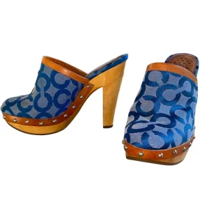 COACH Vintage Bacall Signature Logo Blue Platform Heeled Clogs Mules - 5