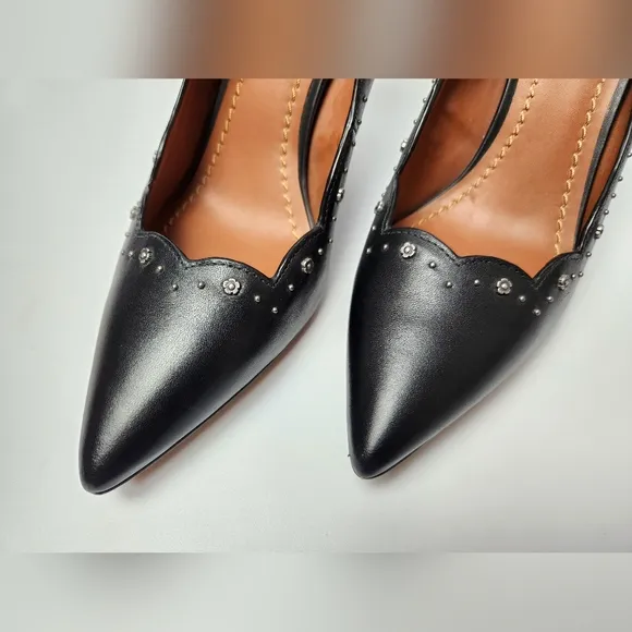 Coach Waverly Pumps Black Leather Pointed Toe Studded Heels Size 7 Desinger Heel